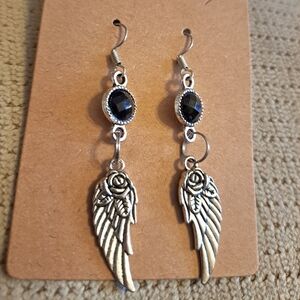 Silver Tone Angel Wing/Rose Earrings With Black Connector Bead